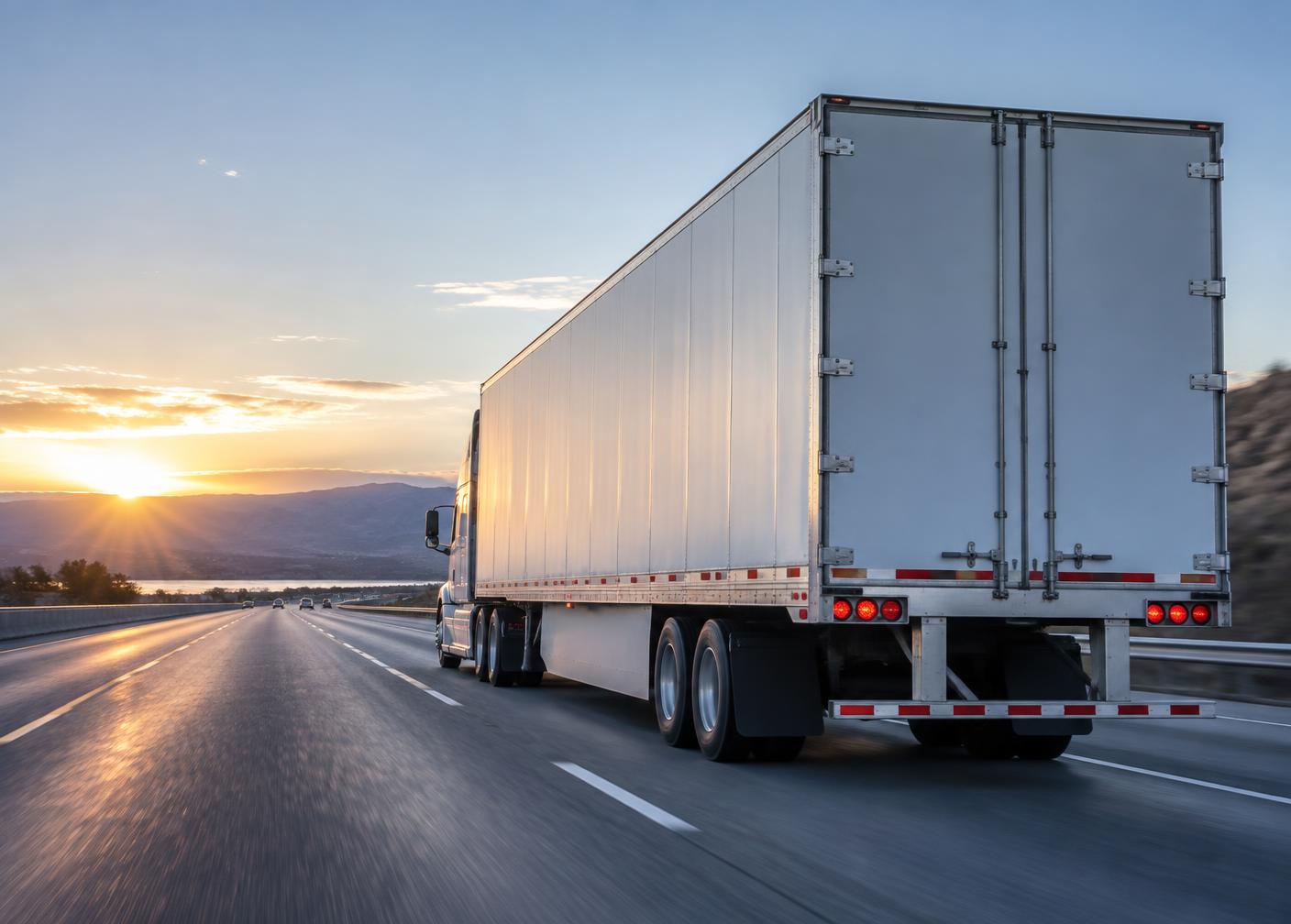 Dry van carrier traveling on an interstate at sunrise