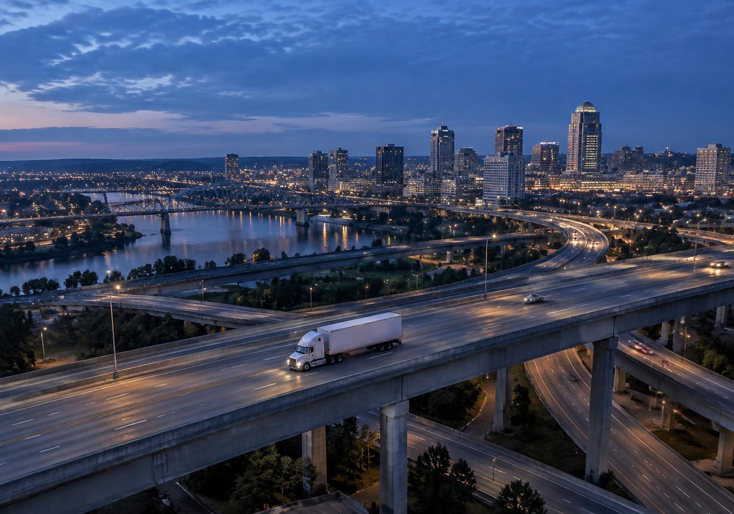 Semi truck navigating an American interstate interchange near a city